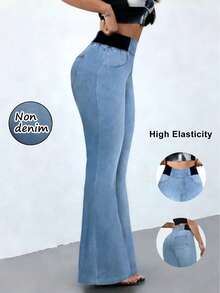 Quần ống loe co giãn cao cấp dành cho nữ, họa tiết giả denim - Kiểu dáng ôm sát, phong cách retro, thoải mái, thoáng khí, thích hợp mặc mùa xuân. - Màu xanh lam - Xem 1