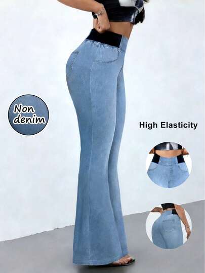 女士高弹力喇叭裤，牛仔印花 - 修身复古风长裤，舒适透气休闲裤，春季款