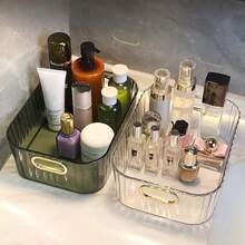 Transparente Acryl Schreibtisch Aufbewahrungsbox (funktioniert auch als Mehrzweck Aufbewahrungskorb) mit Goldrand, geeignet zum Organisieren von Kosmetik, Hautpflegeprodukten, Gesichtsmasken, Snacks, Wohnheim-Essentials und verschiedenen Haushaltsgegenständen - Verschiedenfarbig - Übersicht 3