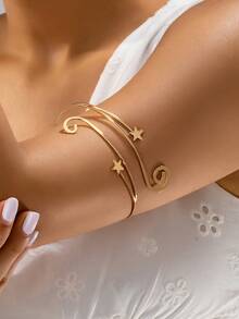 1 pieza Brazalete de metal geométrico de hoja de mariposa con incrustaciones de pedrería ajustable, estilo minimalista y llamativo en la moda transfronteriza, adecuado para vestimenta elegante de verano con recomendación de blogueras, regalo ideal para novias - Dorado - Ver 15