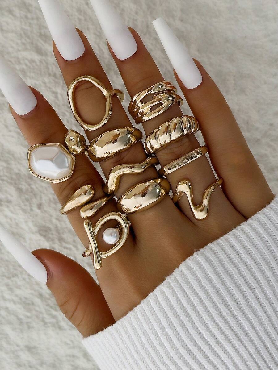 11pcs/Set Fashionable Versatile Geometric Zinc Alloy Big Hoop Wave Pearl Ring Set, Stackable Jewelry Gift For Women
