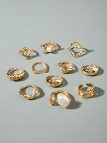 11pcs/Set Fashionable Versatile Geometric Zinc Alloy Big Hoop Wave Pearl Ring Set, Stackable Jewelry Gift For Women - 30375-ring-g-1 - View 3