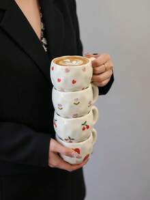 1pc Ins Style Hand-Painted Cherry & Strawberry Ceramic Cup, Asymmetrical Embossed Body, Breakfast Coffee Mug, Girly Desktop Water Cup, Party Afternoon Tea Cup, Red Tea Cup, Large Capacity Water Mug, Coffee Cup - Multicolor - View 7