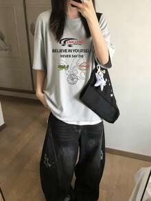 2026 Summer New Women's Round Neck Casual Loose American Print Letter Graphic Street Versatile College Student Short Sleeve T-Shirt, 1 Piece - Light Gray - View 2