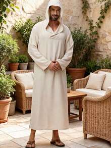 男士穆斯林连帽长袍，家居长袍，休闲度假长袍，庭院风格长袍，两侧带口袋，下摆呈叉形，长度适中 - 香檳色 - 查看 6