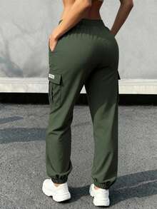 Women's Drawstring Waist Cargo Pants, Lightweight Breathable, Large Pockets Design, Versatile Casual Wear For Daily Occasions - Green - View 3