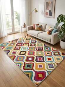 1pc Gold Diamond Velvet + 850g/Sqm + Embossed Base With Earth-Tone Patterned, Inspired By Modern Checkered Design. This Non-Slip, Stain-Resistant, Vintage Bohemian Style Holiday Rug (Moroccan Washable) Is Suitable For Outdoor Patio, Terrace, Balcony And Picnics, Also Can Be Used As Indoor Entrance Rug Or Doormat. - Multicolor - View 10