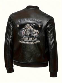 Men's Retro Black PU Leather Motorcycle Rider Embroidered Jacket With Zipper Closure, Casual Street Style, Durable Polyester Lined Aviator Windproof Leather Jacket - Black - View 3