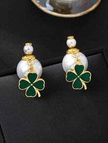 1 Pair 18K Gold Plated Copper Cubic Zirconia Asymmetric Heart & Star Earrings, Faux Pearl, Elegant Gift For Women, Mother's Day, Christmas - White - View 15