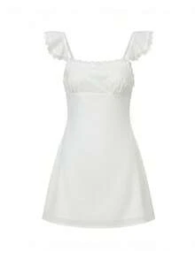 Women's Summer Lace Trimmed Dress Elegant Solid Color Sleeveless Square Neck Mini Dress For Party Date Night Wear - 白色 - 查看 7