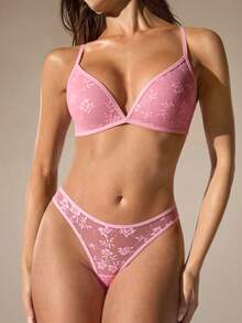 1 Set, 2pcs Women Sexy Semi-Sheer Lace Wireless Cross Back Comfortable Triangle Cup Bra And Panty Set - Pink - View 5