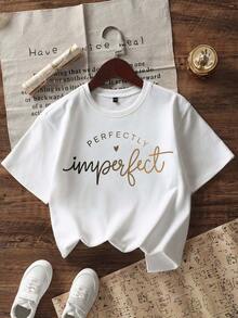 Tween Girl "Imperfectly Perfect" Slogan Print T-Shirt, Soft And Comfortable Fabric, Suitable For Girls' Outdoor Sports, Daily Wear, Street Style, Campus Style, Fashionable Casual Top For Spring And Summer - White - View 2