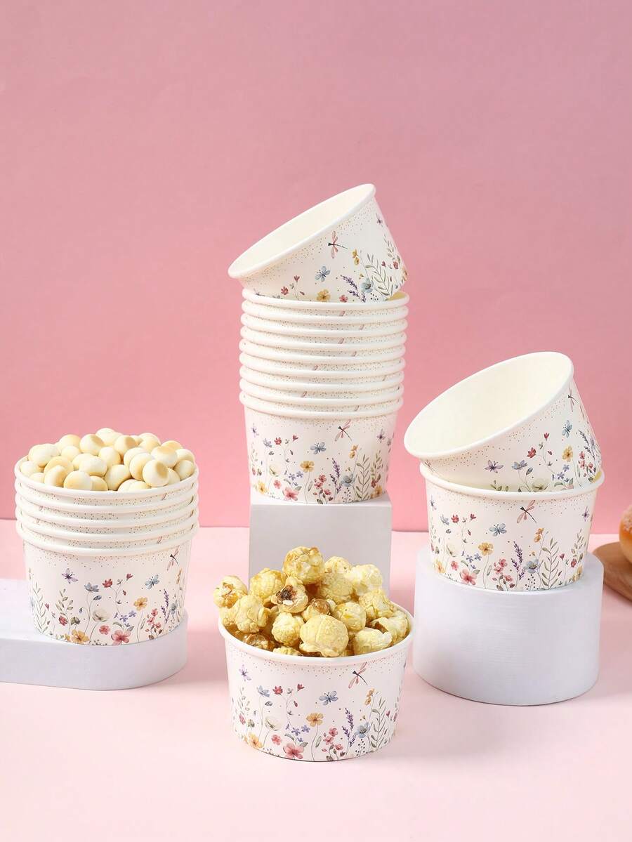 10pcs Floral Pattern Paper Ice Cream Bowls, Popcorn Bowls, Candy Bowls, Disposable Tableware, Snack Bowls, Disposable Food Containers, Cookie Baking Bowls, Desktop Decor, Gender Reveal Party Supplies, Baby Shower Party Decorations, Spring Theme Party Supplies, 1st Birthday Party Supplies, Holiday Party Supplies, Kitchen Decor