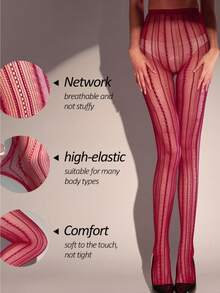 1 Pair Spring/Summer New Hollow Lace Pantyhose, Sexy Y2K Fishnet Stockings, Thin Mesh Tights - Burgundy - View 2