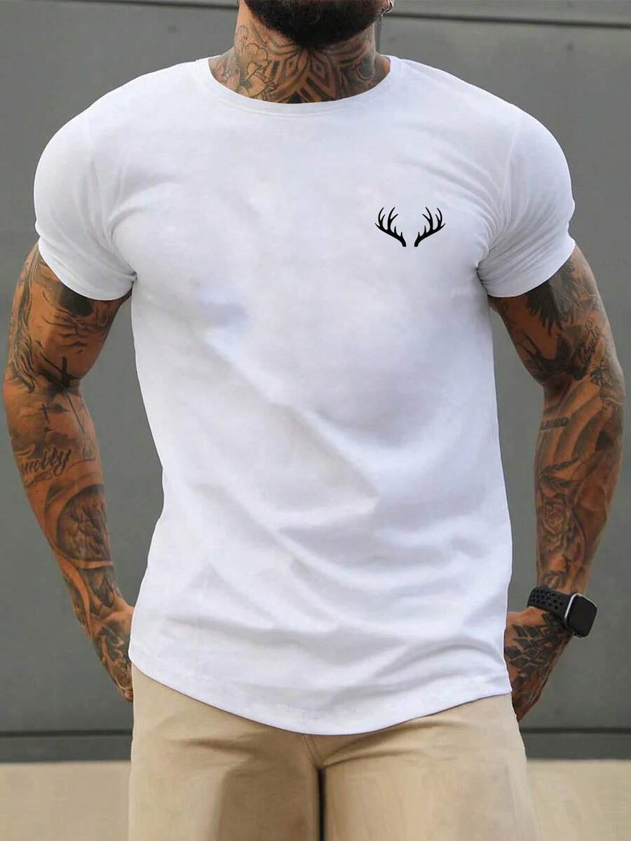 Camiseta casual de cuello redondo con estampado de cabeza de ciervo para hombre - Blanco - Ver 1
