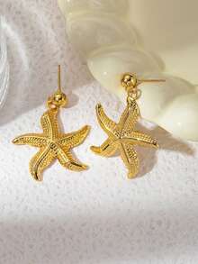 Mazuer 一对18K镀金纹理海星吊坠耳环，不锈钢球形耳钉，适合女士海滩度假、日常佩戴、约会、母亲节礼物 - 海星 - 查看 6
