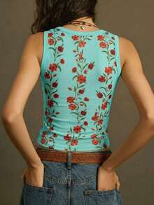 Áo hai dây Lysee dành cho nữ, họa tiết hoa nhí mùa hè, chất liệu cotton co giãn màu xanh dương, cổ tròn, không tay, phong cách Y2K retro bohemian thường ngày, thích hợp cho kỳ nghỉ. - Màu xanh lam - Xem 3