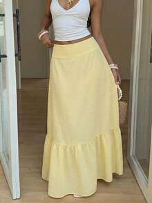 Teen Girls Yellow High Waist Long Ruffled Maxi Skirt Textured Flowy Boho Style Summer Vacation Casual Daily Skirt For Girl(YY1252) - Yellow - View 1