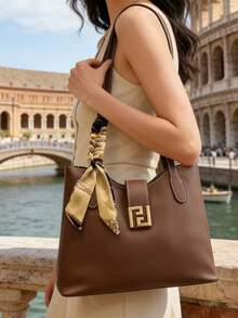 1pc PU Shoulder Tote Bag With Silk Scarf Decor, Large Capacity, Lightweight Multi-Purpose, Suitable For Commuting To Work - Coffee Brown - View 4