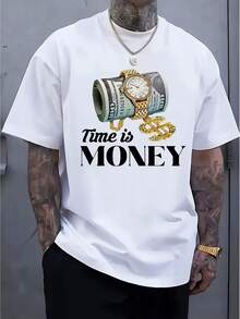 Men's T-Shirt With Watch, Money, And Chain Prints. Time Is Money. 220g Pure Cotton Single-Sided Printed Round-Neck Short-Sleeve T-Shirt. Gift For Father, Mother, Family, Friends. Everyday T-Shirt. Urban Style - 白色 - 查看 1