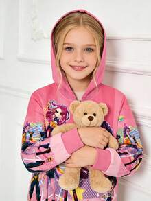 KPop Girls' Demon Hoodie Hunters  Sweatshirt, Stylish And Cute Cartoon Pattern Long-Sleeved Zip-Up Hooded Jacket - 玫紅 - 查看 4