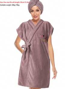 Bộ 2 áo choàng tắm nữ, áo choàng spa thắt eo, áo choàng ngắn tay thêu hoạt hình bằng vải lông san hô, trang trí nhà cửa và phòng tắm, mùa hè, mùa tựu trường. - Nhiều màu - Xem 8