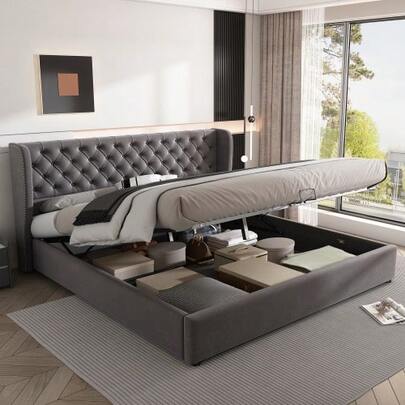 Upholstered, Wingback-Shaped Velvet Bed With Large Buttoned Seams, Double Bed 160 X 200 Cm, Functional Hydraulic Bed With Slatted Base And Storage Space, Underside Of The Bed Covered In A Black, Stain-Resistant Non-Woven Fabric, Grey