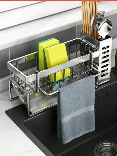 1pc Stainless Steel Kitchen Sink Organizer Rack, Thick Rust-Resistant Design With Integrated Sponge Holder - Black Space-Saving Countertop Dish Drying Rack, Suitable For Sink, Dishcloth, Brush - Compact Kitchen Storage Rack, Fits Small Spaces, Sink Caddy With Towel Bar, Kitchen Sink Shelf, Stainless Steel Sink Organizer