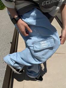 APPROVE Men's Cargo Pants, Black Jeans, 5 Pockets, Wide Leg, Streetwear Style. - 淺色水洗藍 - 查看 1