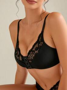 Lilivine 1pc Mature & Charming - Wireless/Wireless & Padless Seamless Comfort Front Hook Racerback Lace Insert Bra For Women - Black - View 3