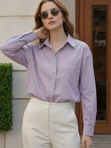 Women's Fashion Long Sleeve Shirt Collar Shirt Front Button Woven Fabric Regular Fit Blouse - Mauve Purple - View 5