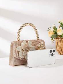 闪亮褶皱晚宴包，饰以水钻花朵和珍珠手柄——婚礼和派对的完美之选 - 金色 - 查看 3