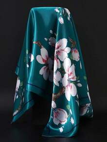1pc 90cm Women Luxury Scarf, Fashionable Printed Square Scarf, Versatile Casual Polyester Scarf For All Seasons For Dress - Lake Blue - View 9