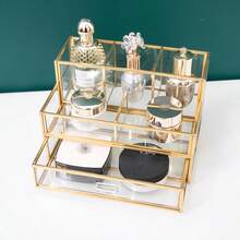 Cosmetic Storage Box With Drawers, Cosmetics Storage On The Dresser And Bathroom Table, And Gold Transparent Glass, Suitable For Lipstick, Perfume, Cosmetics - Gold - View 6