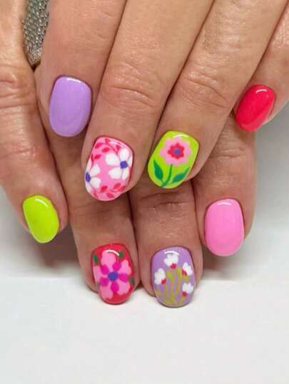 Upgrade Your Fashion Style! 24pcs Short Square Colorful Floral Daisy Asymmetric Design Removable Press-On Fake Nails Set, Includes 1 Gel Glue And 1 Nail File. Suitable For Women And Girls For Daily Wear, Parties, Vacations, Etc.