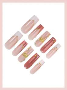 24片装长方形白色法式尖头粉色猫眼美甲贴片，饰有金色蝴蝶结和水钻，亮面假指甲套装，适合女性日常和派对佩戴 - 粉色 - 查看 3