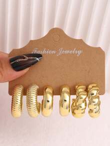 6/18pcs Women's Pure Gold Earring Set, Including Teardrop, Geometric C-Shape, Twisted, And Thick Gold Hypoallergenic Earrings, Fashionable And Elegant For Daily, Party, And Gift For Best Friends Or Mothers - Gold - View 4