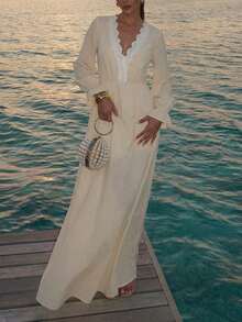 Bohemian High Waist Floral Lace Maxi Dress With V-Neck And Flowy Sleeves Elegant - Apricot - View 3