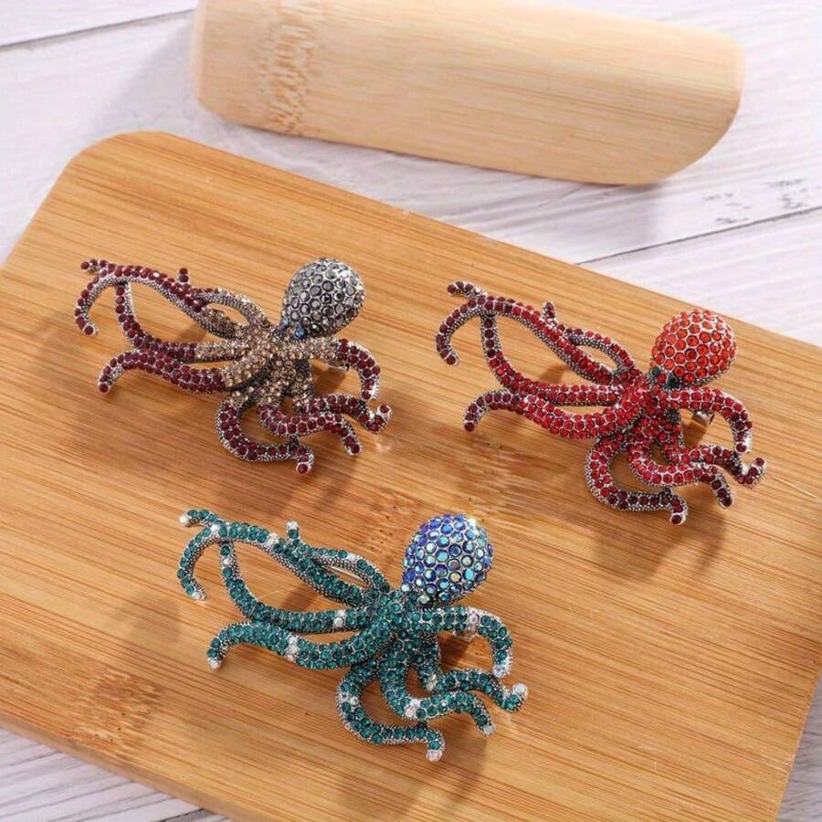 Europe And The United States Retro Personality Full Of Diamond Octopus Men's Brooch Creative Diamond Octopus Pin Office Party Accessories Gift - 綠色 - 查看 1