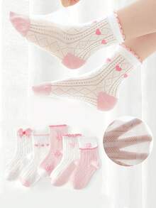 5 Pairs Kids Cartoon 3D Bow Socks, Girls Toddler Breathable Mid-Calf Socks With Heart Mesh Design, Suitable For Casual Daily Wear - Multicolor - View 7