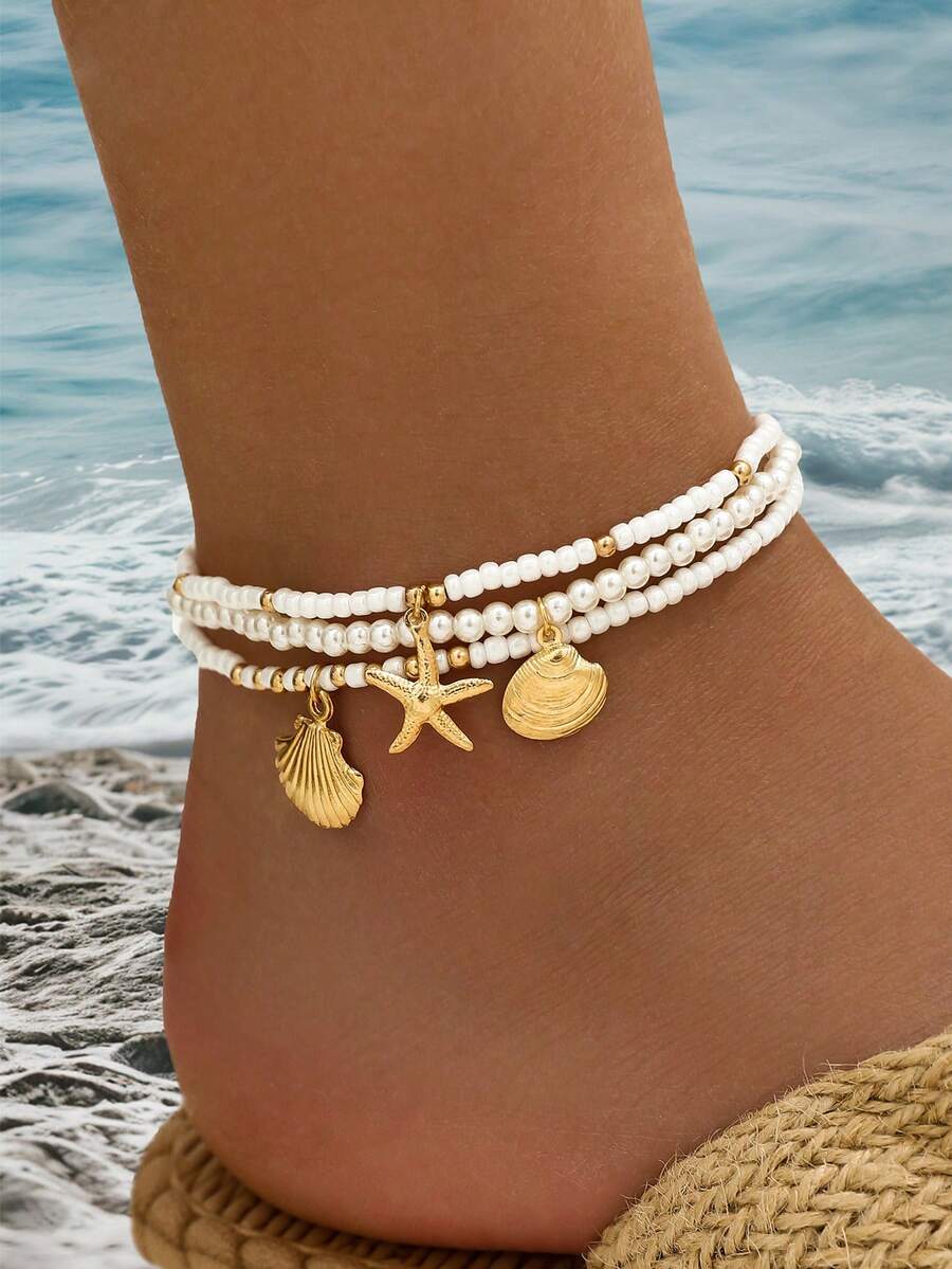 Set Gelang Kaki Fashion Gaya Bohemian 3 Buah dengan Manik-Manik Paduan Logam, Kerang & Bintang Laut, Gelang Kaki Tali Elastis Manik-Manik Berlapis untuk Wanita - Emas - View 1