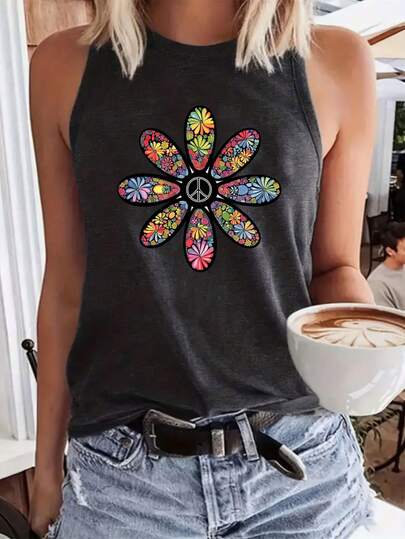 Women's Bohemian Floral Print Sleeveless Vest - Lightweight Round Neck Summer Top With Peace Symbol & Geometric Flower Design, Breathable Casual Layering Piece For Spring Fall, Machine Washable
