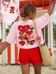 Camisas de mujer,blusa,ropa de mujer,blusas bonitas,blusas para dama,blusas casuales para dama,blusas elegantes dama juvenil,Playera de mujer cuello redondo manga corta verano refrescante estilo casual,con estampado llamativo de corazones y ojos,detalles étnicos y vibrantes,Tela de algodón 100% transpirable y absorbente de sudor,Tacto suave, resistente y no fácil de deformar,Corte holgado oversize cómodo sin restricciones,estilo bohemio y juvenil,estampado vibrante con aire latino,tufo visual intenso,ideal para paseos,playa,uso doméstico o comutación,versátil y apta para regalar - Rosa - Ver 5