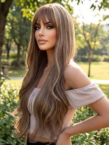 32 Inch Extra Long Balayage Wavy Wig For Women - Bangs, Heat-Resistant Synthetic, Adjustable Fit - Piano Color - View 3