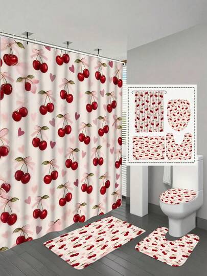 1/4pcs Creative Fashion Cherry Blossom Bow Bathroom Set - Waterproof Polyester Shower Curtain, Non-Slip Bath Mat, U-Shaped Toilet Rug, Toilet Seat Cover With 12 Hooks - Modern Style, Suitable For Home Decor, Bathroom Decor And Accessories, Opaque, Easy To Clean And Maintain, Exquisite Housewarming Gift - Suitable For All Seasons