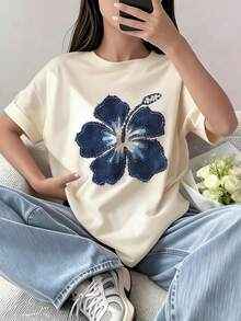 少女碎花短袖T恤，学生青少年服装，夏季上衣，专为准备玩耍的女孩设计 - 杏色 - 查看 3