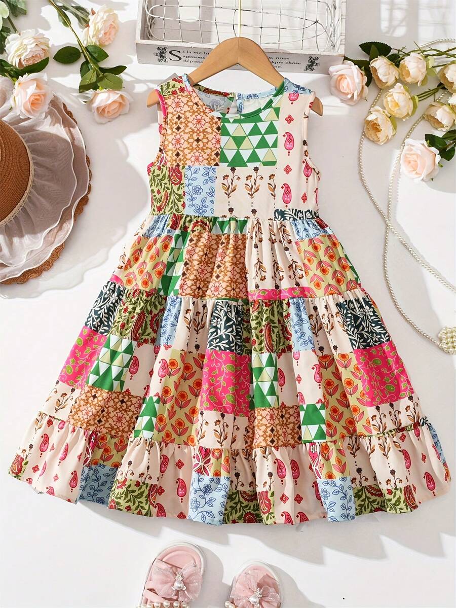 Robe d'été décontractée sans manches à col rond avec patchwork floral pour jeune fille, tissu respirant, doux et agréable à la peau, tenue de mode pour sports de plein air, vacances et fêtes, cadeau parfait - Multicolore - Voir 1