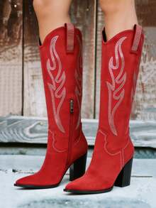 Knee High Cowboy Boots For Women Pointed Toe Chunky High Heels Pull-On Embroidered Boots Western Boots Wide Calf Cowgirl Boots - Màu đỏ C - Xem 2