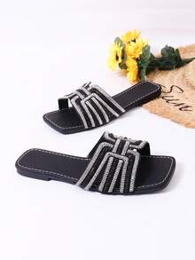 方头水钻装饰女士平底拖鞋，时尚休闲沙滩凉鞋，夏季必备 - 黑色 - 查看 8