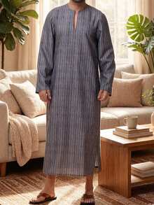 Men's Muslim Robe Home Robe Leisure Vacation Robe Courtyard Style Robe With Pockets On Both Sides Hemp Fork Length Moderate - Grey - View 4